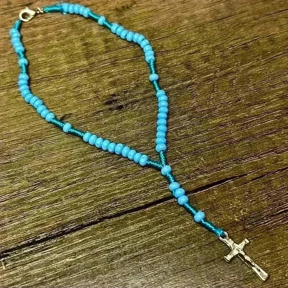 Bright Blue Kids Rosary with Silver Tone Crucifix